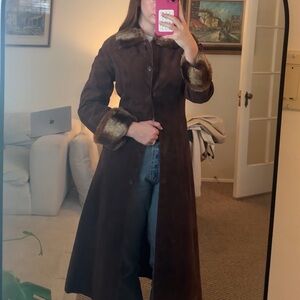 Brown Real Rabbit Fur Trim Long Suede Coat